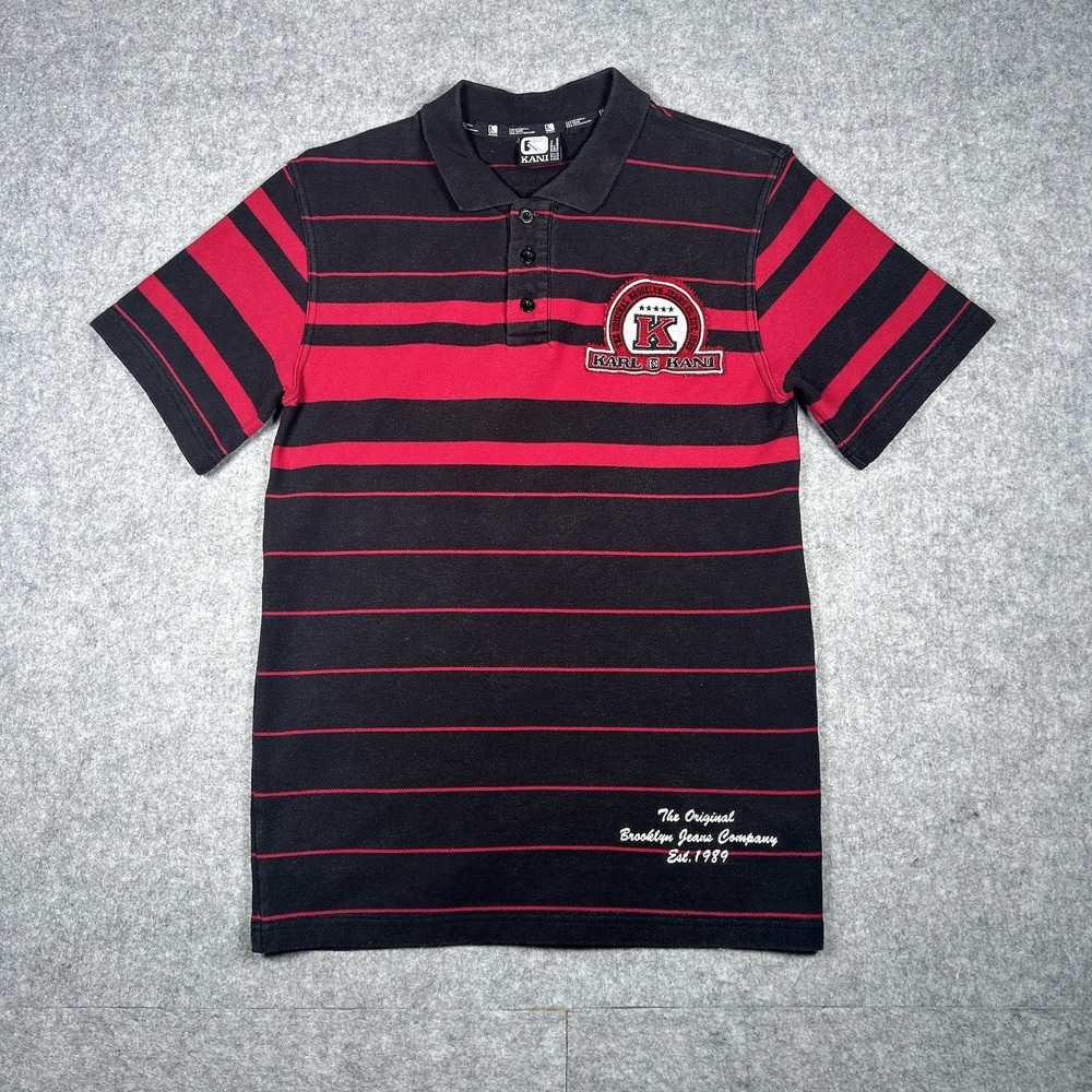 Karl Kani Polo Shirt Men's Size Small Red Black striped Patched Skate Embroidery